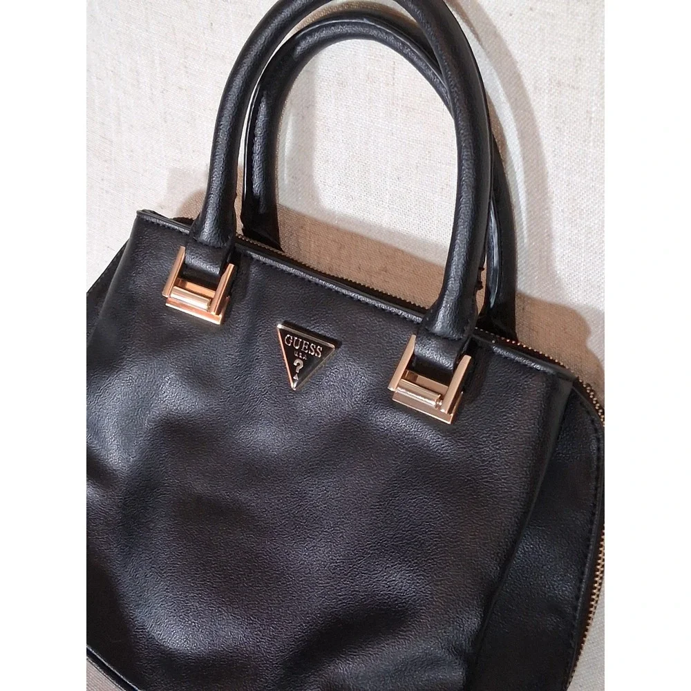 GUESS Black Faux Leather Satchel Handbag Gold Tone Hardware Logo Top Handle Bag